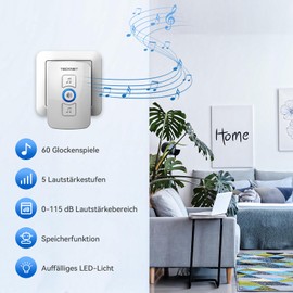 TECKNET Wireless Doorbell, Wireless Doorbell Set, IP65 Outdoor Waterproof Front Door Bell with 2 Plug-In Receivers, 60 Melodies, 5 Volume Levels, 400 m Range, Socket Radio Bell Kit