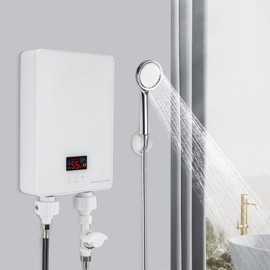 Electric Tankless Water Heater, 220V 6000W Instant Water Heater with Shower Head, IPX4 Water-Proof Level Water Heater with LED Display for Kitchen Washing Bathroom Shower, White