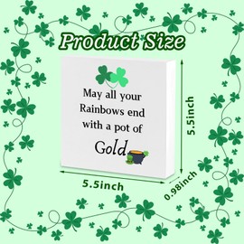 St. Patricks Day Decorations, Irish Shamrock Table Decor for Home Office, St.Patrick Wooden Desk Sign for Shelf Tiered Tray, Saint Gifts Lucky Rustic Blessing Accessories, Rainbows end with Gold