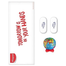 Maped - Set of 1 Globe Pencil Sharpener and 2 Erasers White Soft Touch for Softness and Comfort