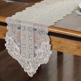 auons Champagne Lace Table Runner Macrame Floral Embroidered Table Dresser Scarf Vintage Chic Elegant Table Runner for Home Wedding Party Banquet Table Decor, 12 x 48 Inch