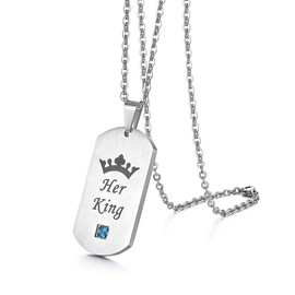 Flongo Partner Pendant Friendship Necklace, Cubic Zirconia Stainless Steel BFF Chain with His Queen, Her King Engraving Dog Tag Silver Partner Chains for Men, Women, Stainless Steel, Cubic Zirconia