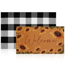 2 Pcs Fall Doormats Sunflower Non Slip Coir Mats Fall Welcome Outdoor Mat Layered Buffalo Plaid Rugs 2-in-1 Front Floor Doormat for Autumn Thanksgiving Front Porch Entryway Decor, 17x 30