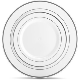 Laura Stein Designer Dinnerware Set of 40 Premium Plastic Wedding/Party Plates: White, Silver Rim. Set Includes 20 10.75" Dinner Plates & 20 7.5” Salad Plates | Classic Series