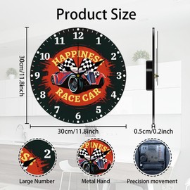 CHGCRAFT Wanduhr Im Vintage Stil Mit Rennwagen 12 Zoll Batteriebetrieben Wanduhr Mit Rennflagge Nicht Tickend Geräuschlos Dekorative Uhr