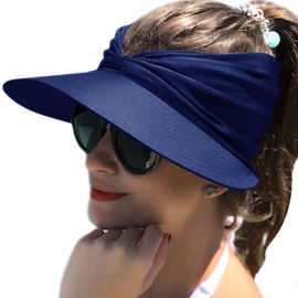 Baynetin Womens Sun Visor Hat Wide Brim UPF 50+ UV Protection Summer Topless Beach Hat Foldable Quickly-Dry Sun Protection Beach Sport Cap (Navy Blue)