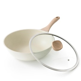 Kordisen Nonstick Wok with Lid, 12 Inch Woks & Stir-fry Pans, Healthy Coating Induction Cookware, Compatible with All Stovetops, PFOA Free (Cream White)