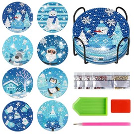 FYting Pack of 8 Diamond Painting Coasters, Diamond Painting Adults with Coaster Holder, DIY Ice and Snow Kingdom Coasters, Santa, Elk, Penguin, Snowman, Christmas (Blue)