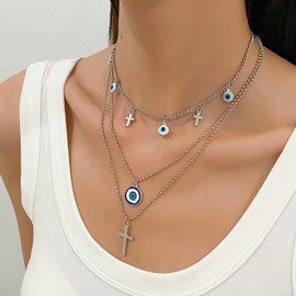 Wendalern Layered Evil Eye Cross Necklace Cross Blue Eye Pendant Necklace Layering Pearl Necklace Choker Turkish Devil Eye Cross Necklace Lucky Protective Jewellery for Women, Zinc, No Gemstone