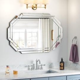 Bathroom Mirror 24”X35” Wall Mirror Decorative, Beveled Edge Frameless Mirror for Wall Octagonal Decorative Mirror Large Accent Mirror for Bathroom, Bedroom, Living Room and Enterway