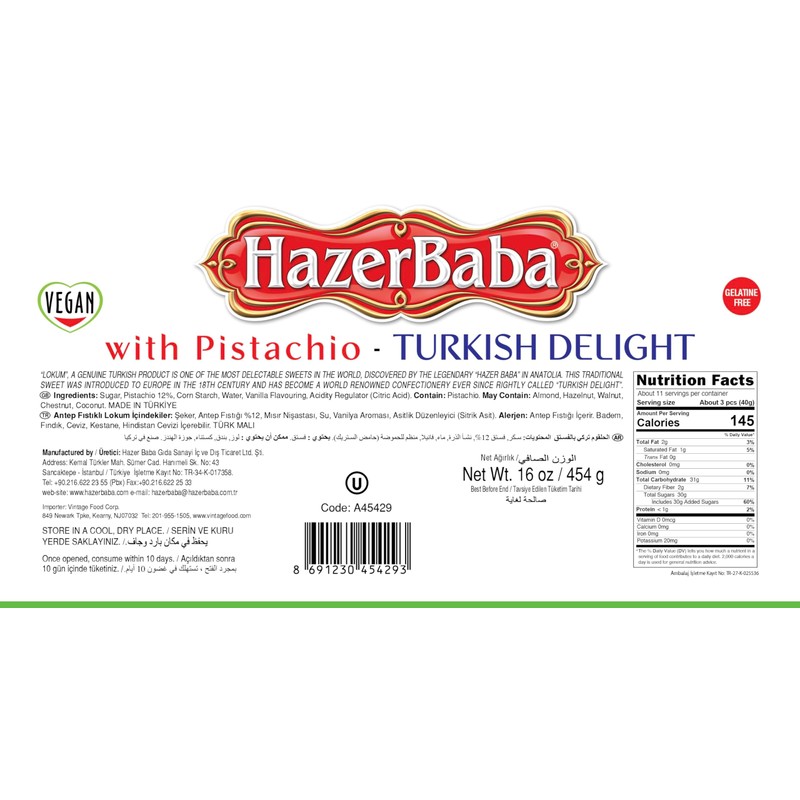 Hazer Baba Turkish Delight Pistachio Candy, Gourmet Snack Box, Traditional,