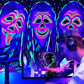 Jhdstore Blacklight Horror Tapestry Blacklight Horror Face Tapestry UV Reactive Tapestries Wall Hanging Glow in The Dark Party Backdrop Tapestry for Bedroom Living Room 29" x 37"