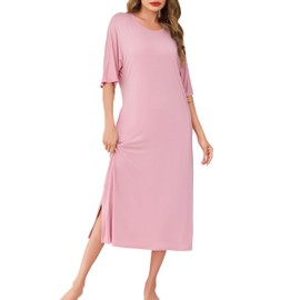 Wikoan Women's Long Nightdress Plus Size Soft Nightgown Short Sleeve Casual Maxi Lounge Dress with Pockets,Rose Pink,M