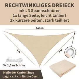 TTL Garden 3 x 3 x 4.25 m Triangular Sun Sail Right Angle Sand Beige - Premium Polyester 300D 160 g/m² 93% Shade - Sun Protection and Weather Protection for Garden, Balcony and Patio, with 3 x 1.5 m