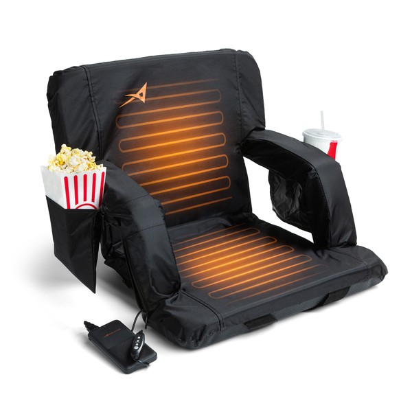 ACELETIQS Wide Double Heated Stadium Seats for Bleachers with Back Support – USB Battery Included - Upgraded 3 Levels of Heat - Foldable Chair - Cushioned, 4 Pockets, Cup Holder - Camping, Games
