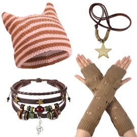 JaGely 4 Pcs Therian Grunge Emo Accessories for Women Cat Beanie Fairy Ripped Gloves Y2k Necklace Fairycore Bracelets Jewelry(Pink)