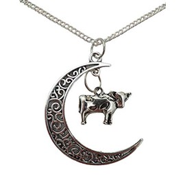 Silver Plated Necklace Dairy Cow Charm Crescent Moon Pendant
