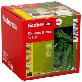 fischer Expansion dowels SX Plus Green 8 x 40 S, Box of 45 Sustainable dowels and Matching Screws, Optimal Hold in Concrete, Solid Brick, aerated Concrete, Perforated Bricks and Much More.