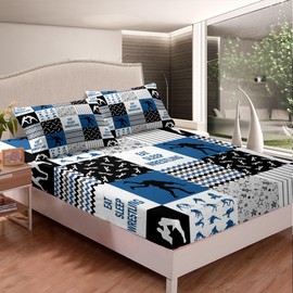 Wrestling Bed Sheet Twin Size,Wrestler Men Boys Sport Bedding Set for Kids Teens Adult Room Decor,Navy White Black Patchwork Plaid Fitted Sheet Striped Stars Grid Top Flat Sheet,1 Pillowcase