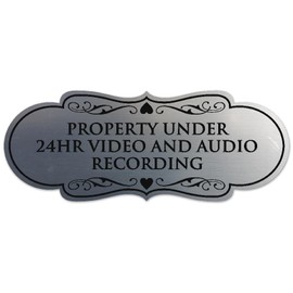 Signs ByLITA Designer Property Under 24hr Audio and Video Recording Sign - Easy Installation | Durable Wall or Door Sign (Brushed Silver) - Large
