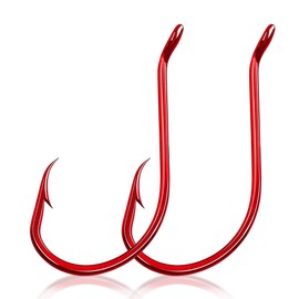 FishTrip Octopus Hooks Fishing Saltwater - 100pcs Offset Beak Fish Hooks/Closed Eye/Barded/Red for Fishing Rigs Bass Catfish