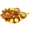 Brass Leaf Shape Platter Plate with Attached Diya Agarbatti Holder