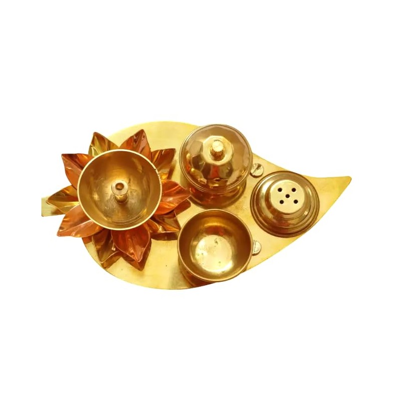 Brass Leaf Shape Platter Plate with Attached Diya Agarbatti Holder