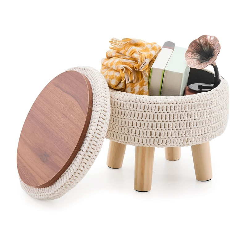 Wimarsbon Pouf Ottoman, 100% Cotton Knitted Boho Footstool, Round Footrest