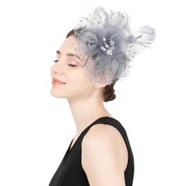 Fascinators Hat Flower Cocktail Lace Mesh Feathers Headband Clip for Women Tea Party Wedding Vintage Derby Hats-Grey-01
