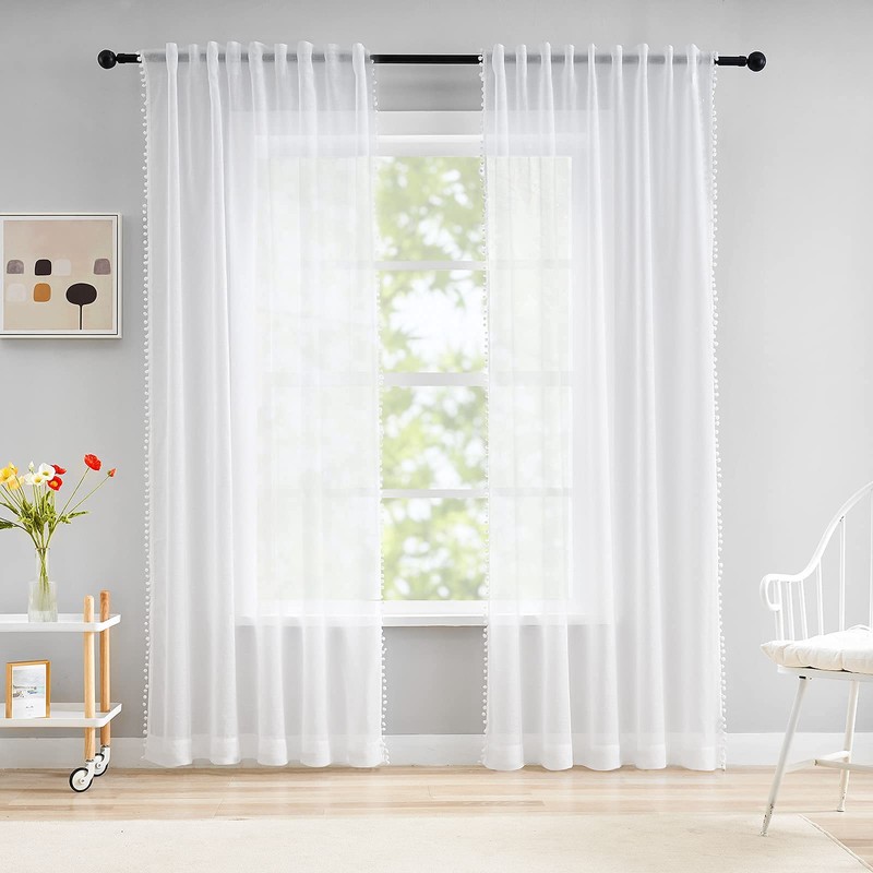 Pom-Pom Sheer White Curtains for Living Room 72" Drop Breathable