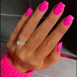 KQueenest 30 PCS Hot Neon Pink Press on Nails Short Medium Square Fake Nails Acrylic Vibrant Color Gel Glue on Nails Press on Thick Short Coffin False Nails Set Varied Sizes for Women