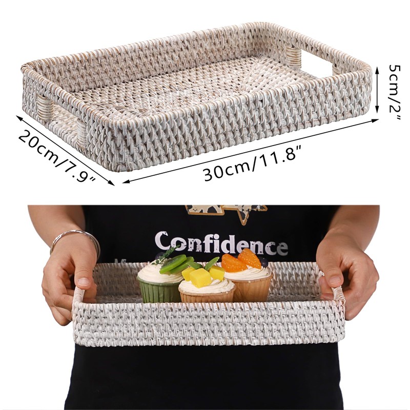 Hipiwe Hand Woven Tray with Handle Whitewash Rattan Serving Tray