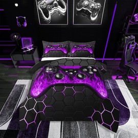 Erosebridal Gaming Comforter Sets for Boys Bedding Set Twin Size Kids Gamer Bedding Sets Game Room Decor for Boys,Gaming Comforter Soft Purple Black Geometric Honeycomb Bed Quilt With 3D Flame Gamepad