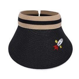 Straw Sun Visors Hats for Kids Embroidered Boys and Girls Wide Brim Roll Up Ponytail Open Top Cap Adjustable Summer Beach UV UPF 50 Travel Outdoor Camping Hiking Packable Foldable,Black Rocket