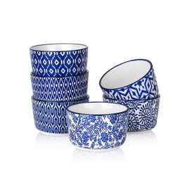 Selamica Ceramic 6 Oz Ramekins Oven Safe, Creme Brulee Ramekins, Souffle Dishes Custard Cups for Baking, Mini Bowls for Pudding Dip Ice Cream, Set of 6, Vintage Blue