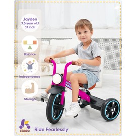 KRIDDO Kids Tricycle, 12 Inch Puncture Free Rubber Wheel w Front Light, Adjustable Seat Height, Gift for 2-5 Year Olds, Pink