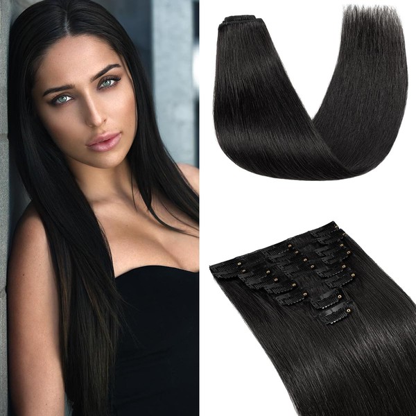 S-noilite Hair Extensions Real Hair 8 Pieces 18 Clips Remy Human Hair Straight Human Hair Extension with Natural Clips Human Hair Extensions (40cm-65g, 01 Jet Black)