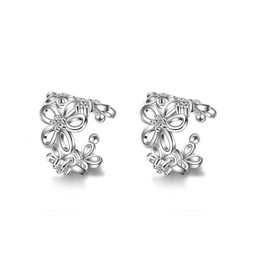 CZ Flower Cuff Wrap Clip On Hoop Earrings for Women Non Piercing Ear Cartilage Dainty Hoops (Silver)