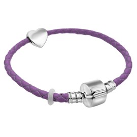 21cm Large Womens Leather Starter Charm Bracelet with Silver Heart and Gift Box valentines gifts for her (Violet)