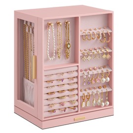 SONGMICS Jewelry Box 360° Rotating, Jewelry Storage Case with 5 Drawers, Jewelry Organizer, Glass Window, Spacious, Vertical Jewelry Storage, Open Design, Great Gift, Jelly Pink UJBC170R01