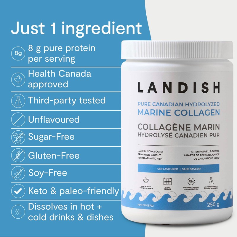 Landish Pure Canadian Hydrolyzed Marine Collagen, Collagen Peptides Powder, Unflavoured,