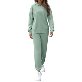 REORIA Women Cotton Tracksuit Set Long Sleeve Two Piece Outfit Solid Color Lounge Wear Sets Hoodies and Jogger Co Ord Sets Grey Green L