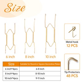 Bilillo 12 Pieces 6/8/10 Inch Plate Hangers for The Wall, Invisible Heavy Duty Wire Plate Holder, Plate Hangers for Display with 12 Metal Wall Hooks, Decorative Plates and Arts (Gold)