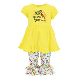 Unique Baby Girls Ruffle Capri Eat Sleep School Repeat Back to School 2pc (5) Yellow