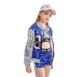 LOLANTA 4 Pieces Girls Hip Hop Dance Costume Kids Sequins Jazz Dance Clothing Set Socks Attached Blue, 6-7 Years, 130