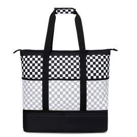 Octsky Beach Bags with Cooler Women Beach Tote Bag Waterproof Sandproof Zipper Large Pool Bag 9 Pockets,White/Black