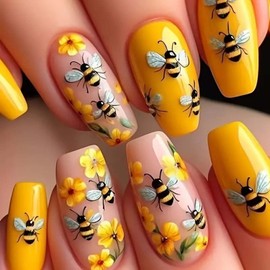 Long Press on Nails Summer Bee Designs Coffin Fake Nails 3d Embossed Big Bee Yellow Flower False Nails Spring Bright Flower Full Cover Acrylic Nails Artificial Ballet Nail Set for Women