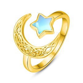 Dreamboat Sterling Silver Moon and Star Rings for Women Crescent Moon Ring Gold Celestial Galaxy Ring Moonstone Ring Witchy Ring Star Jewelry Gifts Adjustable Open Ring, Sterling Silver, Moonstone
