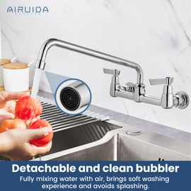 Airuida Wall Mount Utility Kitchen Sink Faucet 2 Handle Wall Mounted Laundry Tap Wall Mounted Sink Faucets 8 Inch Center Commercial Kitchen Faucet Chrome Polish with Adapters 14 Inches Swivel Spout