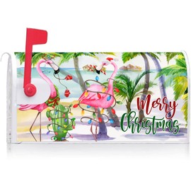 Texupday Merry Christmas Hawaii Beach Flamingo Decoration Mailbox Cover with Magnetic Strip Winter Holiday Mailbox Wraps Post Letter Box Cover Standard Size 21" X 18" for Garden Outdoor Yard Decor